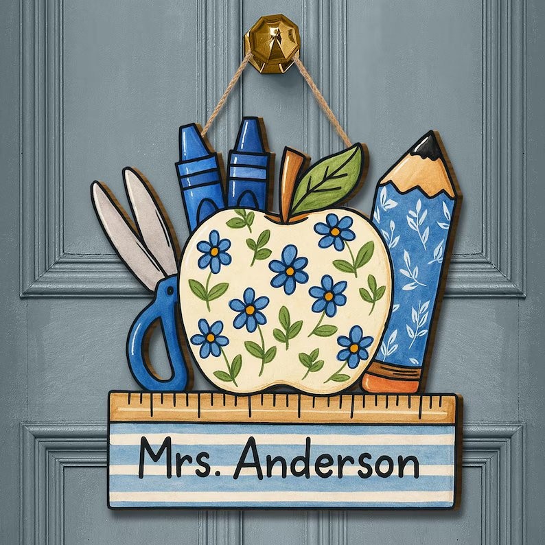 Personalized Teacher Door Sign, Floral Apple Classroom Wood Decor Gift