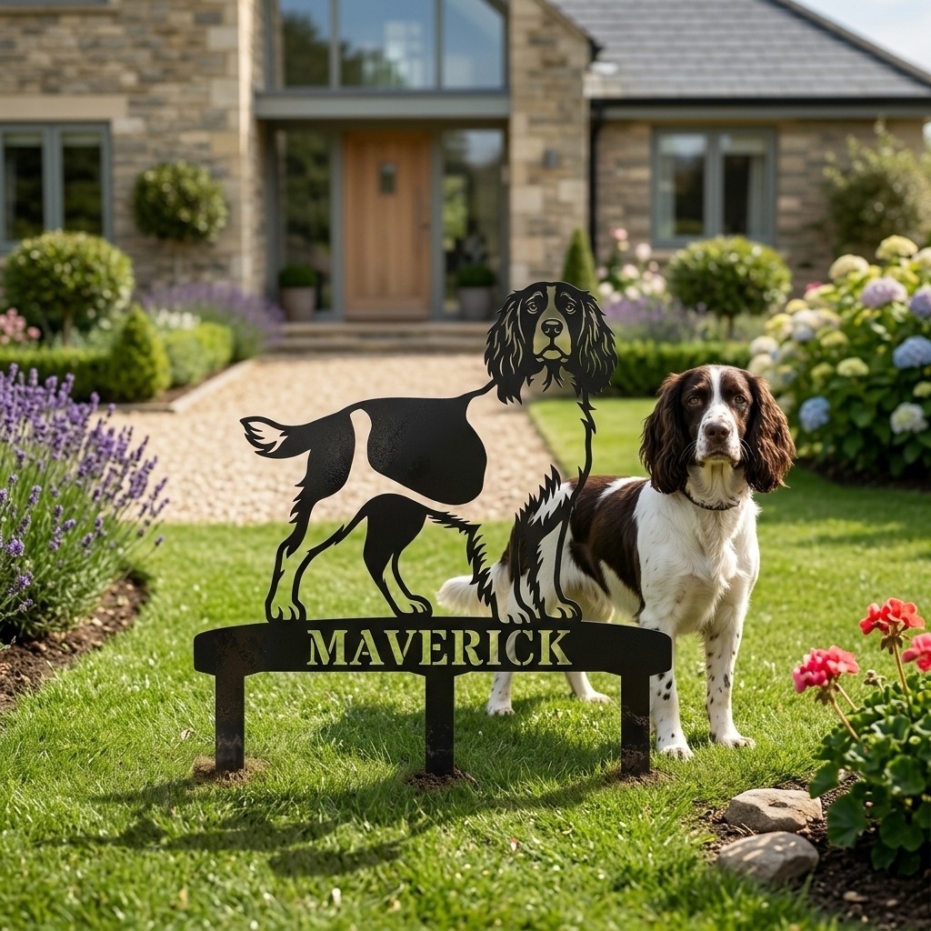 Personalized English Springer Spaniel Garden Metal Sign With Stakes And Name
