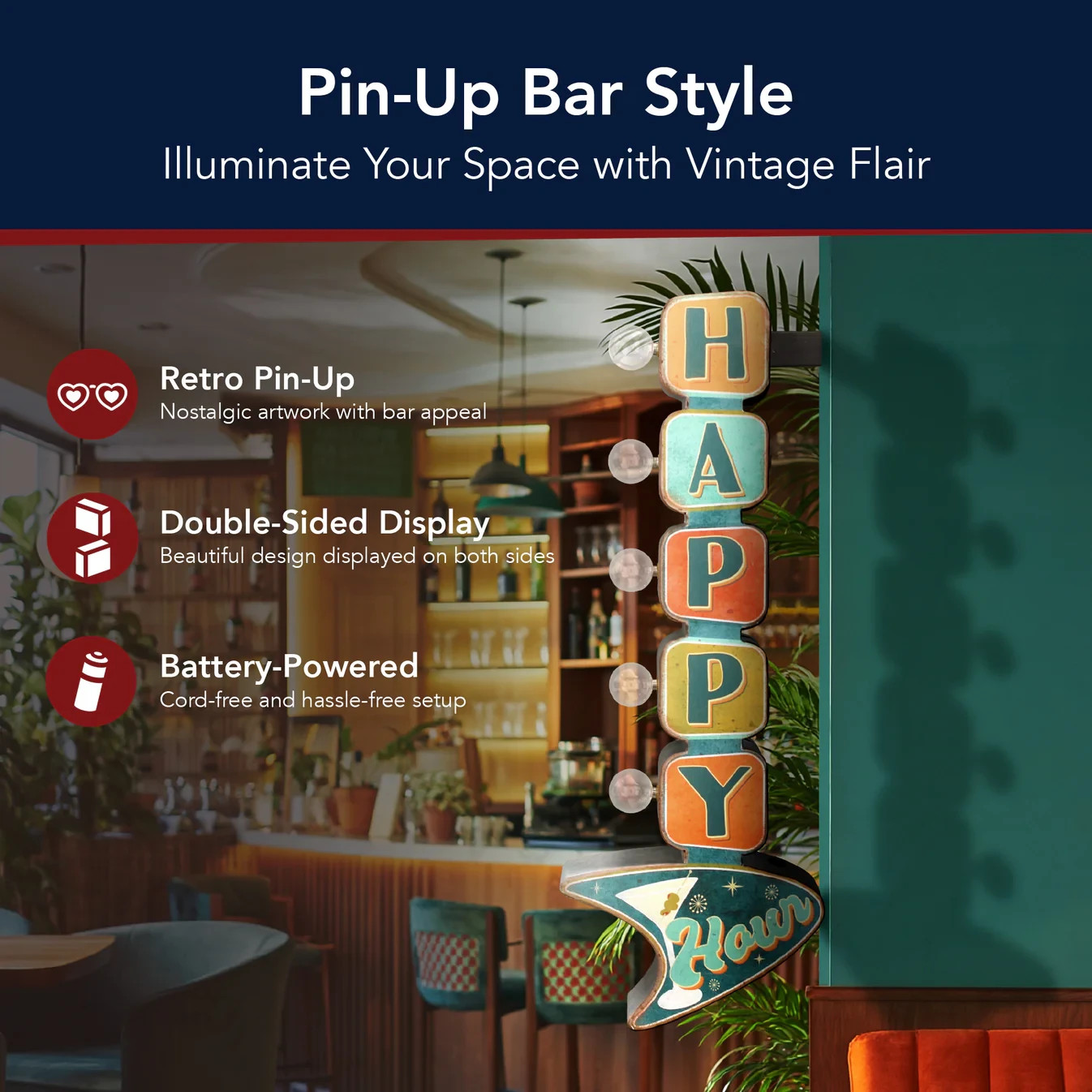 Happy Hour Double Sided LED Metal Marquee Sign Vintage Retro Bar Decor