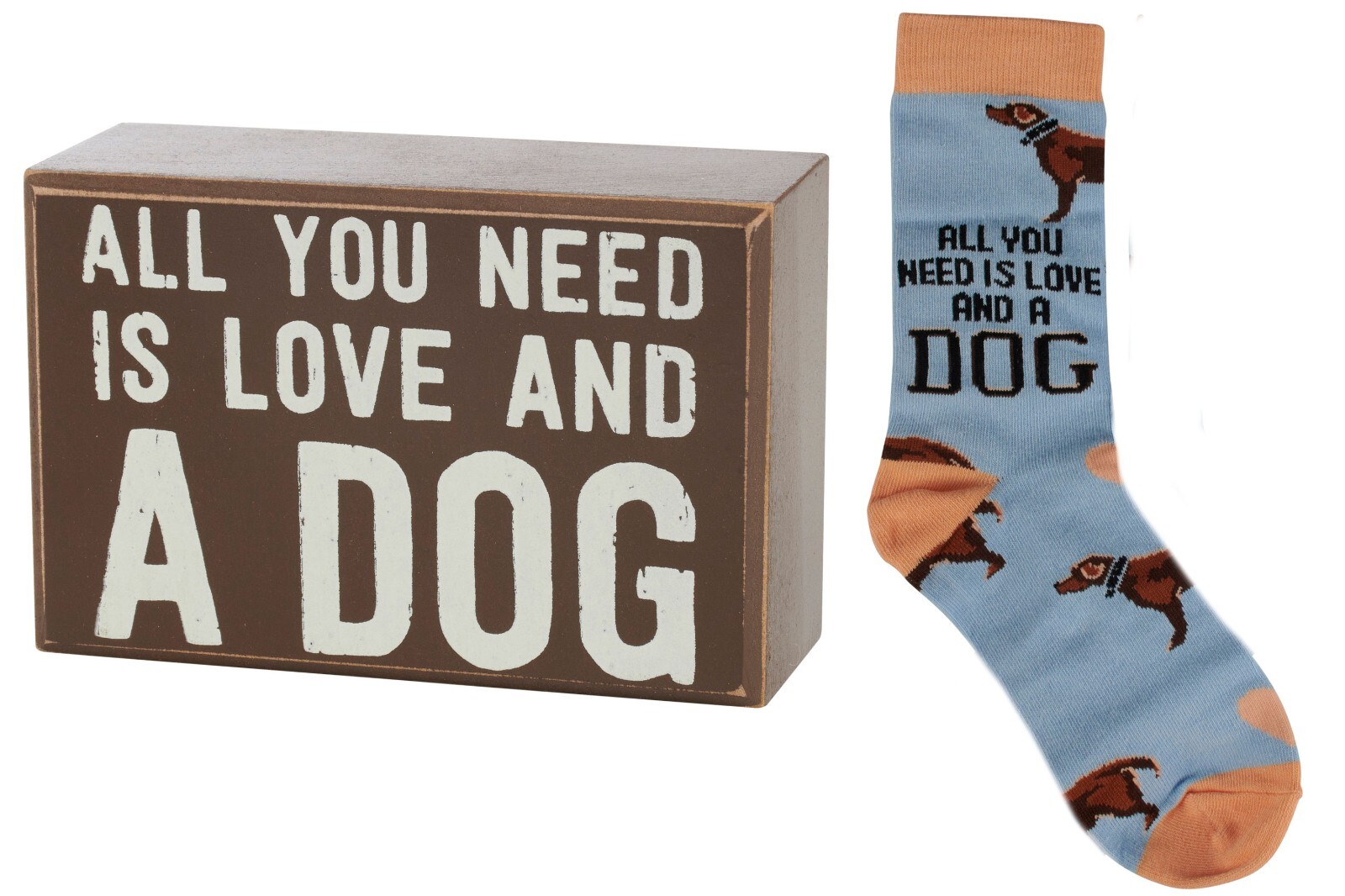 Primitives By Kathy Box Sign & Sock Set All You Need Is Love and A Dog NEW