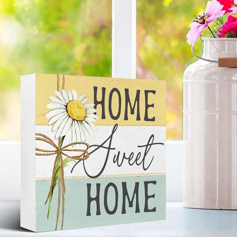 2D Desktop Square Daisy Flower Art Wooden Sign Home Office Room Decoration Gift