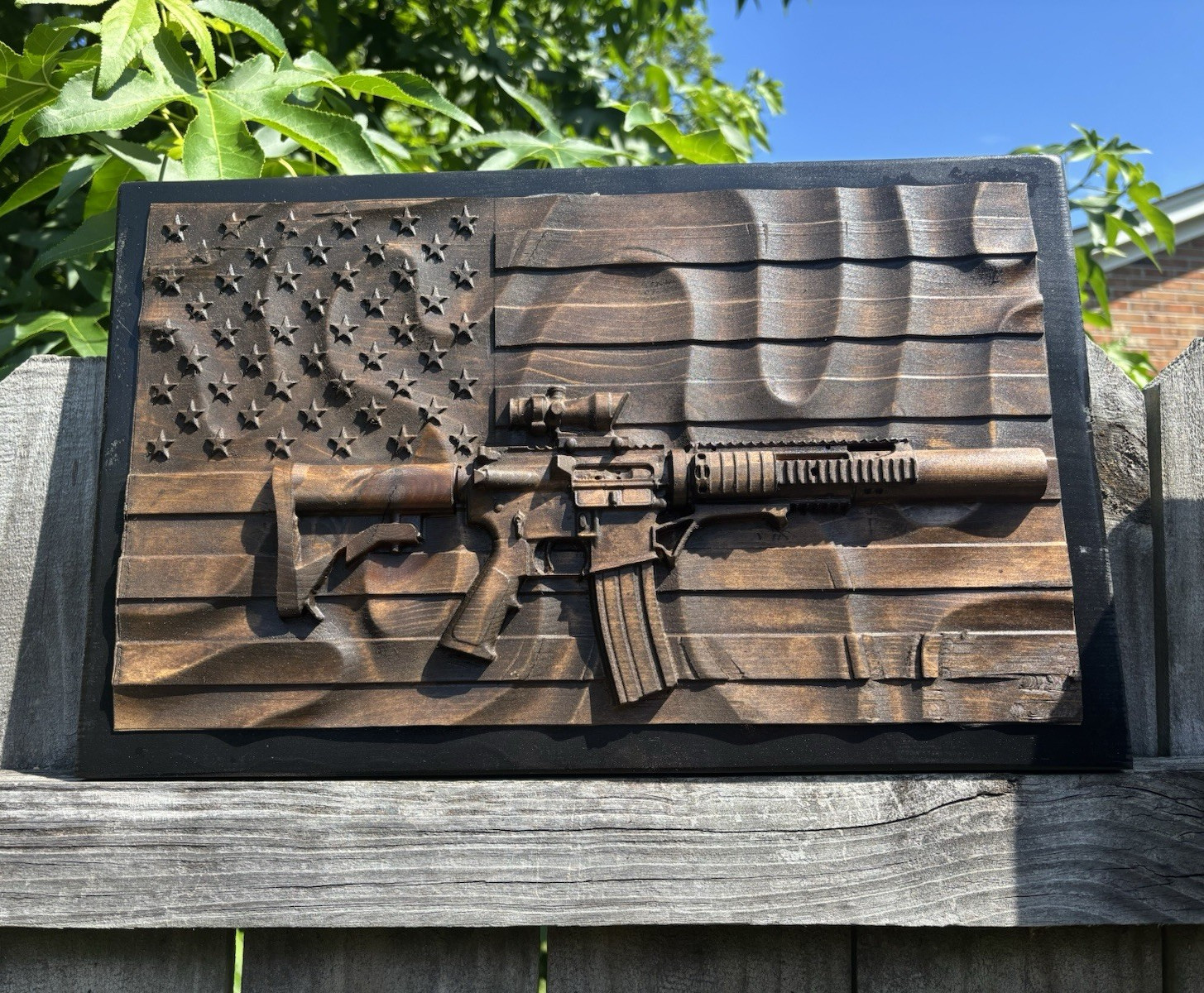 Custom made 3d carved American flag/ rifle. Made from pine.