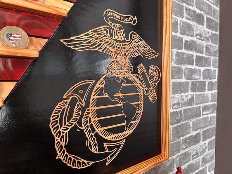 New EGA Challenge Coin Holder, Rustic American Flag, Marines, Wall Wedding Gift