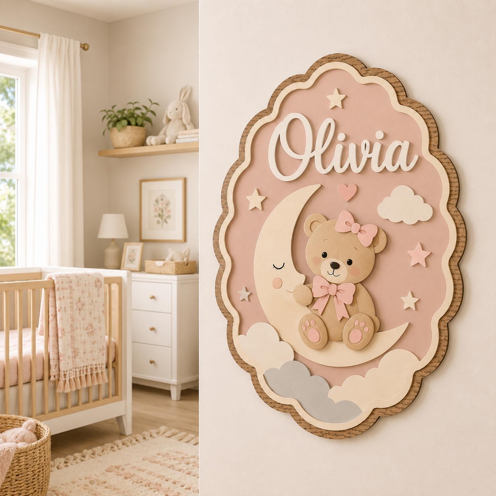 Personalized Teddy Bear Moon Nursery Sign, Custom Baby Girl Name Sign, Teddy