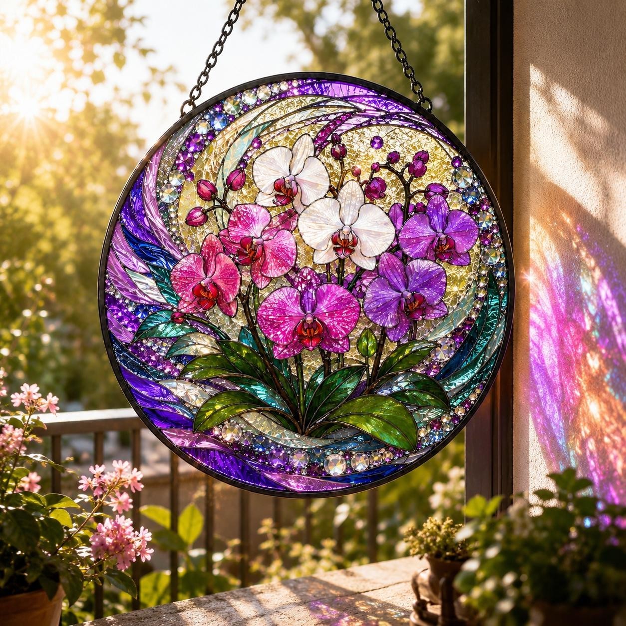 Orchid Stained Glass Elegant Floral Window Hanging, Botanical Glass