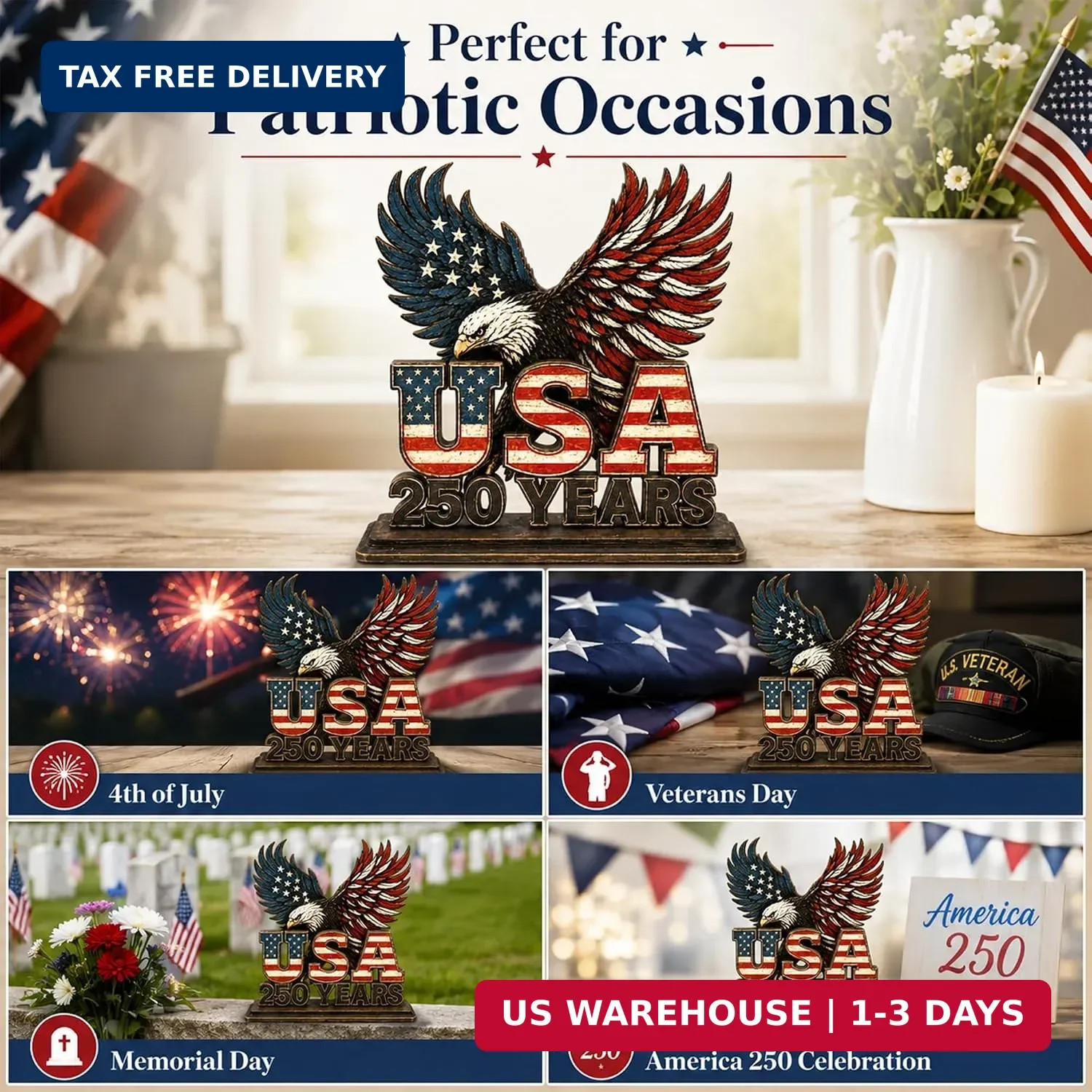 USA 250 Years Patriotic Wooden Desk Plaque, 250th Anniversary USA Decorations wi