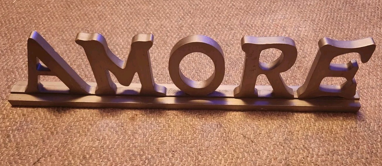 Wood Free Standing Amore Sign Gray Plaque 27.5 Inches Long Love Dispaly