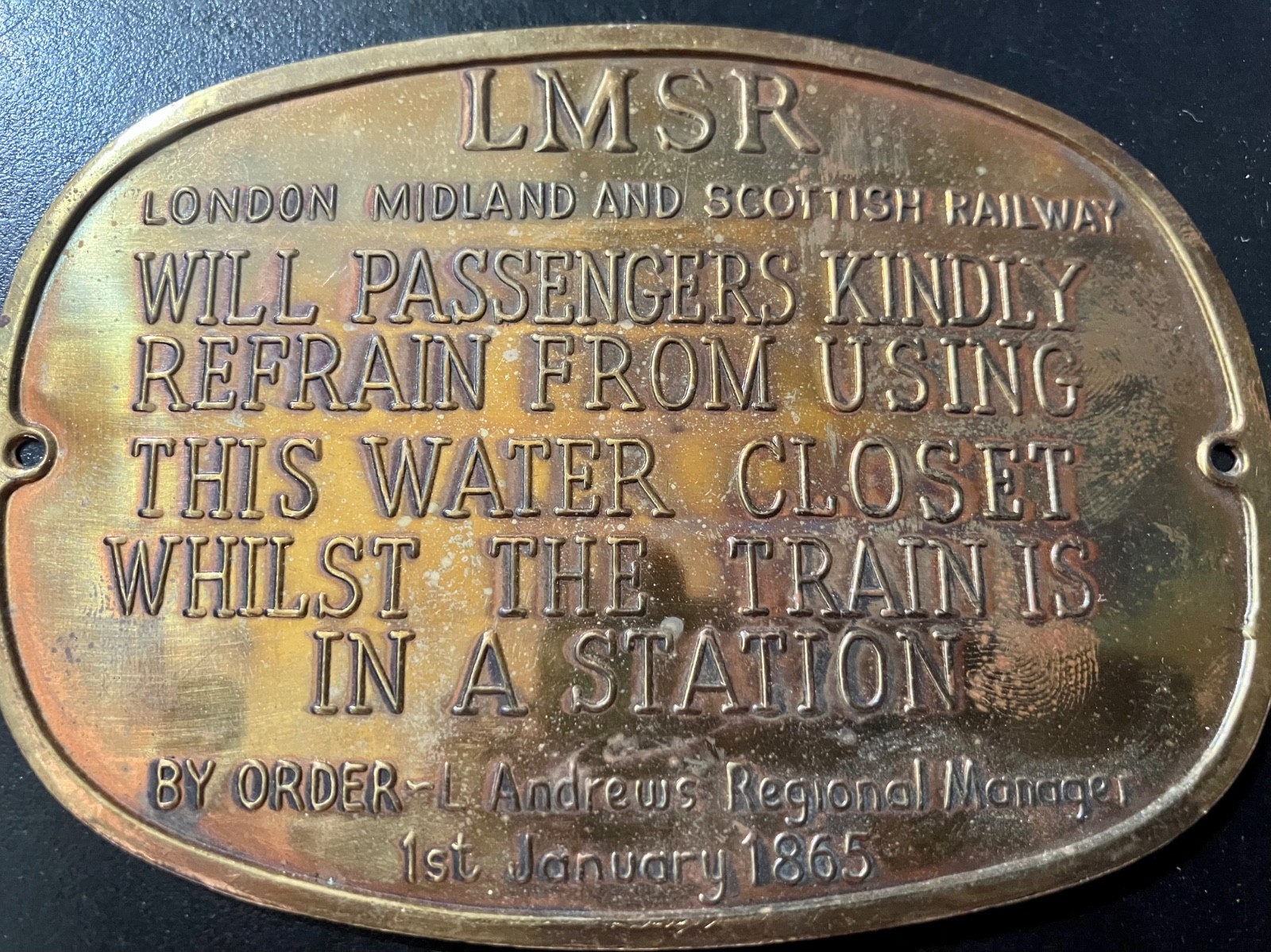 LMSR London Midland Scottish Railway Brass Plaque Novelty Water Closet Sign 1865