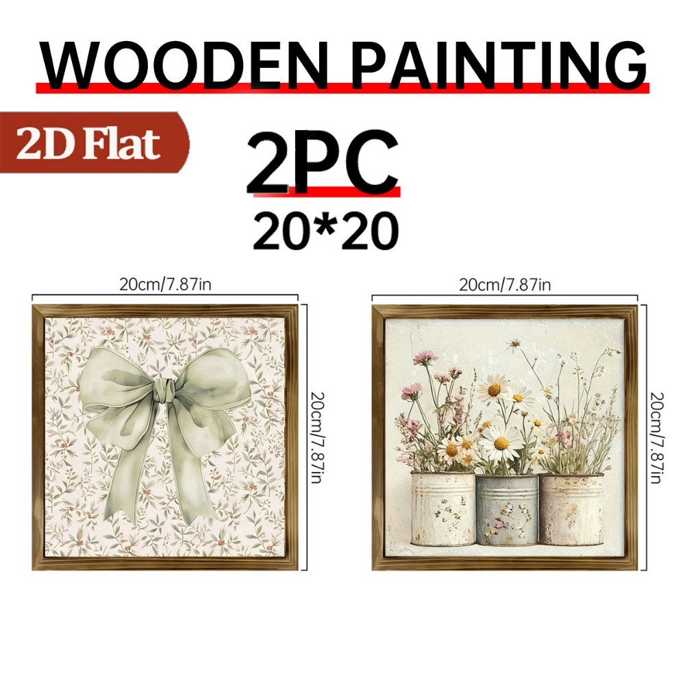 2Pcs Green Bow Daisy Wooden Sign Rustic Farmhouse Floral Bedroom Wall Decor Gift