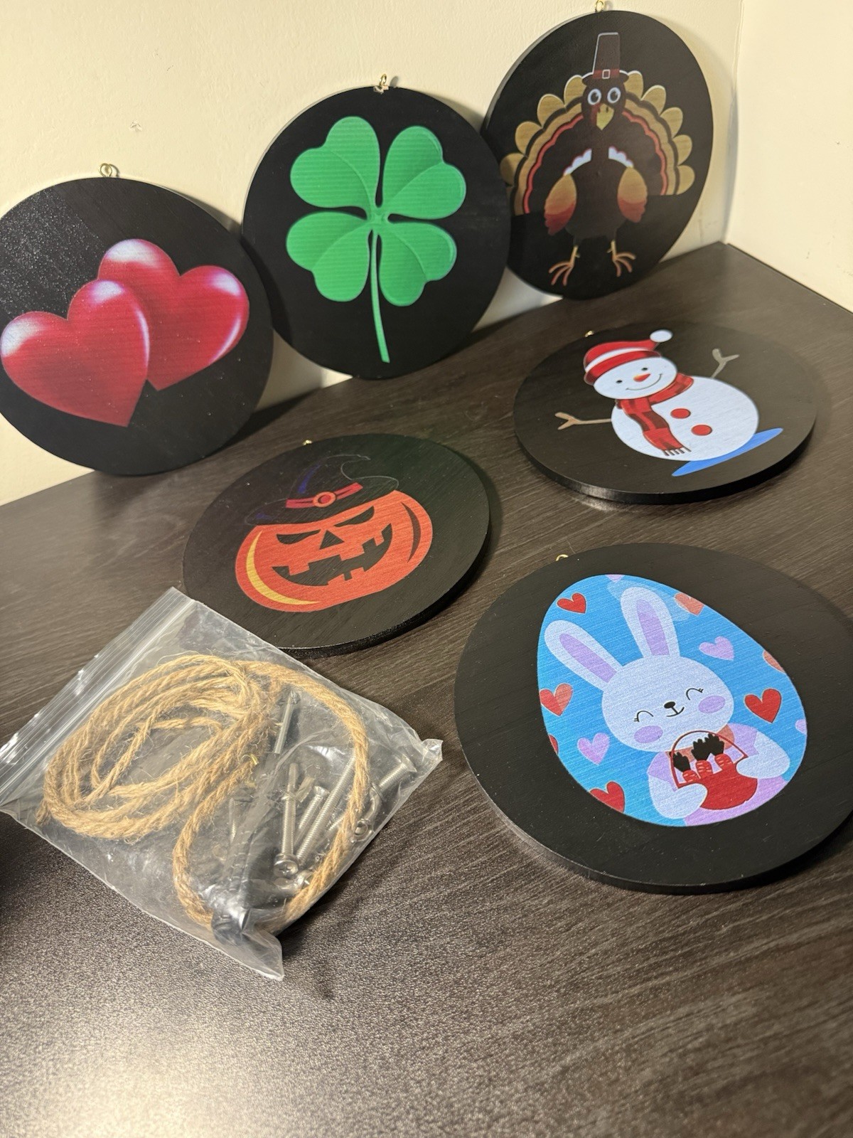 Set of Holiday Round Wooden Hanging Plaques Christmas Easter Patriotic