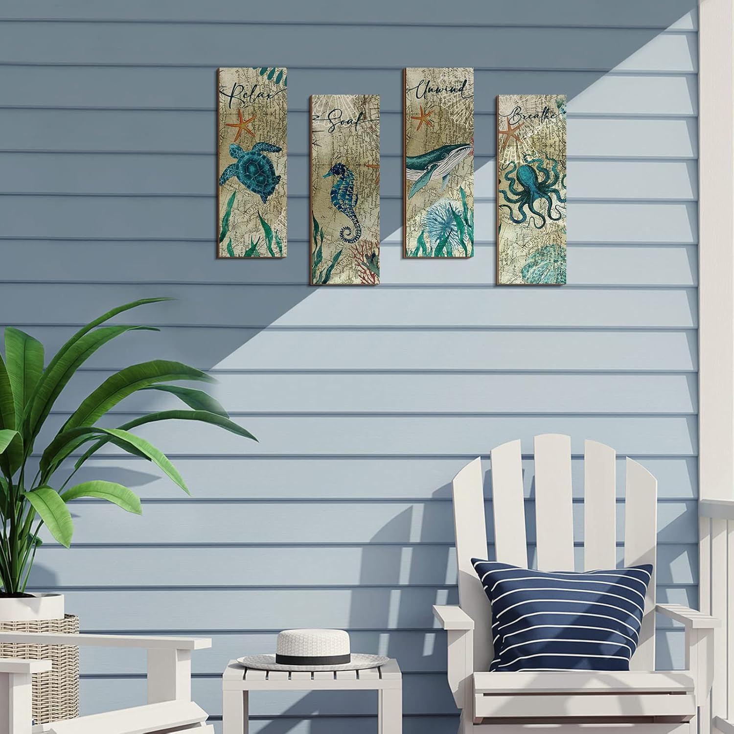 4 Pieces Beach Bathroom Decor Wall Sign Ocean Decor Sea Turtle Wall Art Nautical