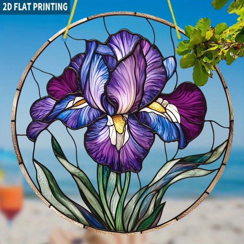 Bohemian Purple Iris Flower & Blue Hues Stained Glass Sun Catcher Round Acrylic