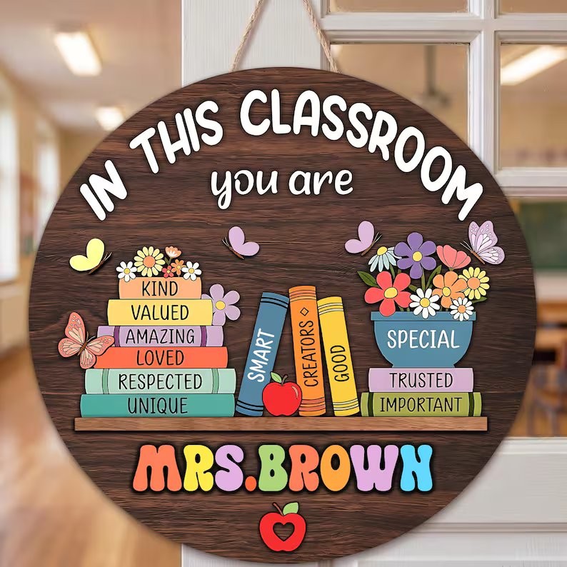 Personalized Teacher Wooden Door Sign, Custom Classroom Decor Gift