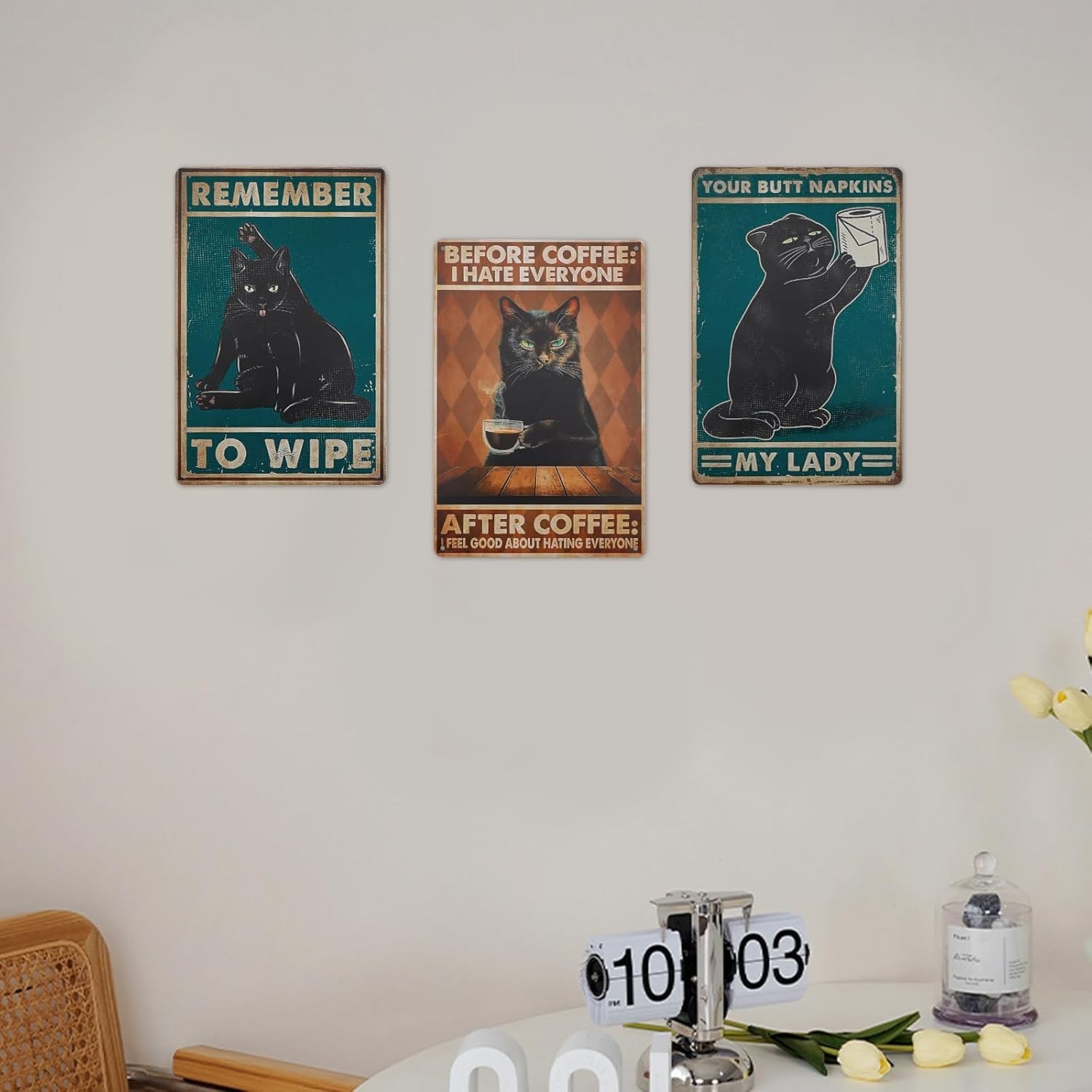 3PCS Vintage Metal Tin Sign Black Cat Retro Poster Home Bar Wall Decor Funny Art