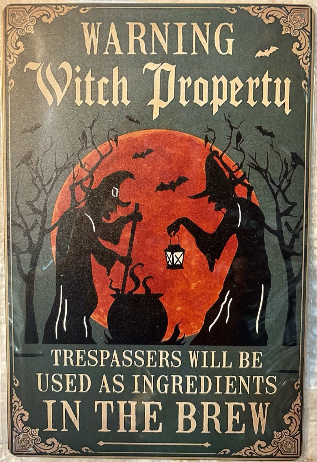 TIN SIGN 8×12 Witches Property Warning Trespassing Brew Pot Bats Halloween DD18