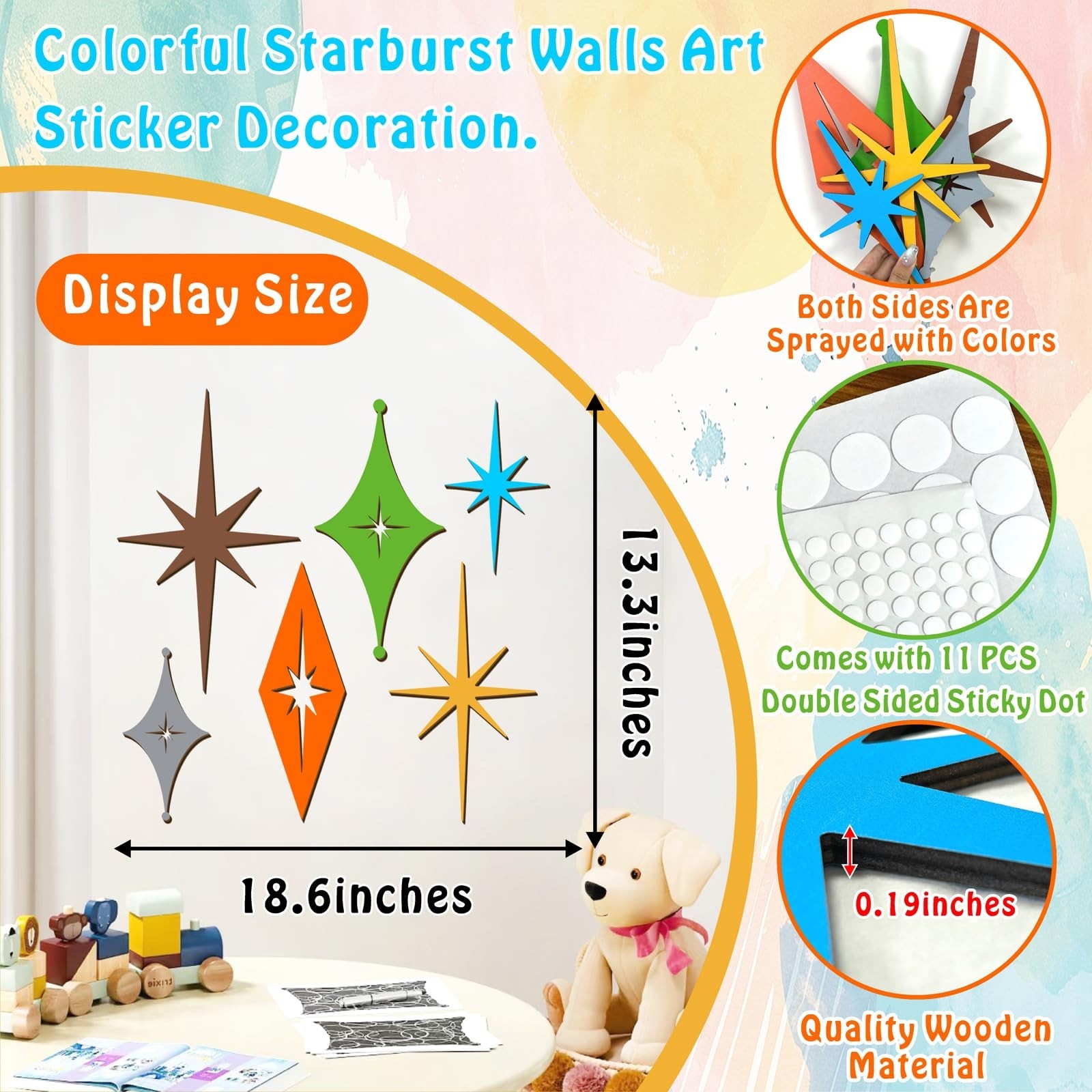 Colorful Wooden Star Wall Decor – 6 Pcs Mid Century Modern Art, Rustic Starburst