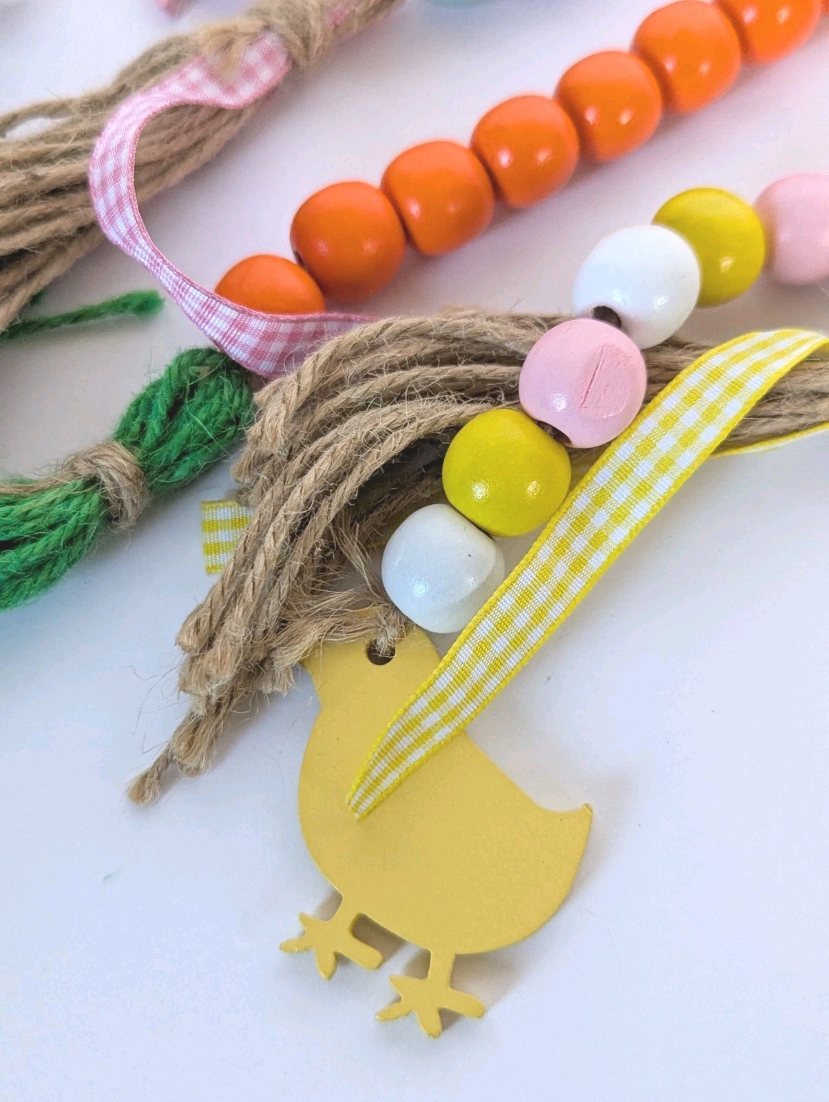 Easter Garland Wood Beaded Bunny Chick Carrot Bead Rainbow 4pc Set Spring Decor