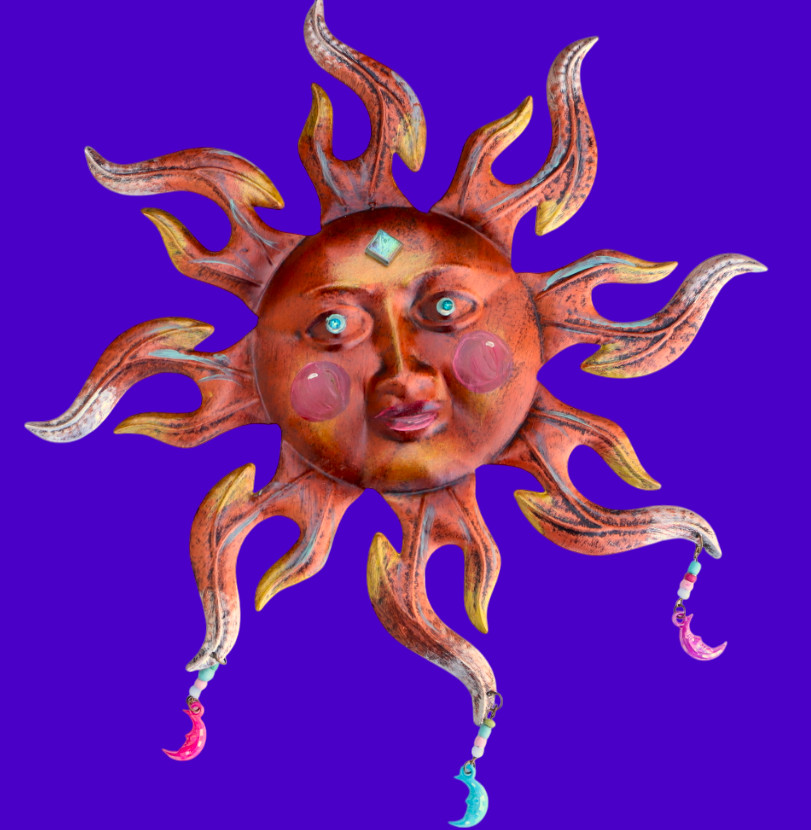Boho Metal Sun Face Plaque Wall Hanging Half Moon Beads Celestial Bohemian Decor