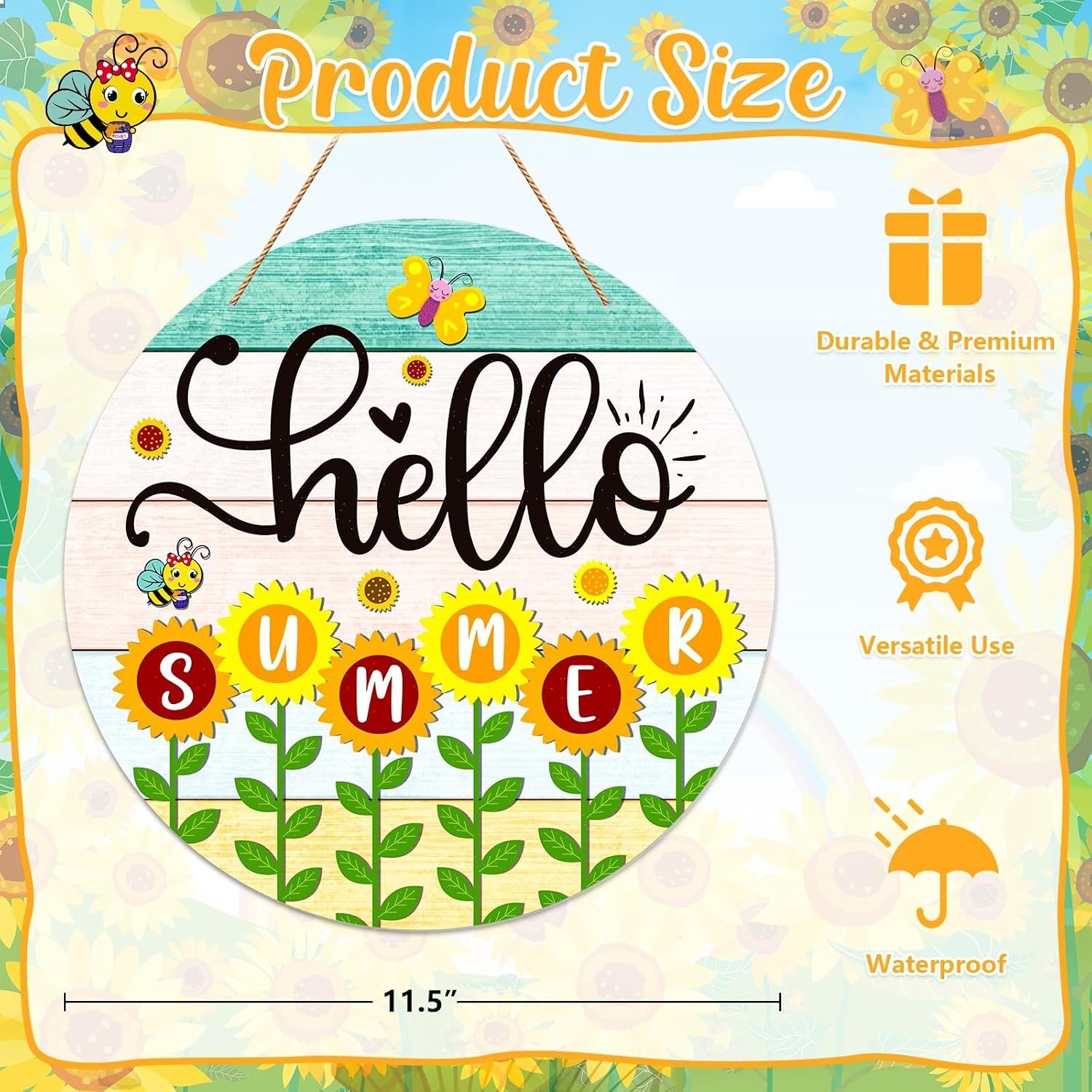 Farmhouse Sunflower Hello Summer Sign – Lightweight 11.5″ Front Door Decor