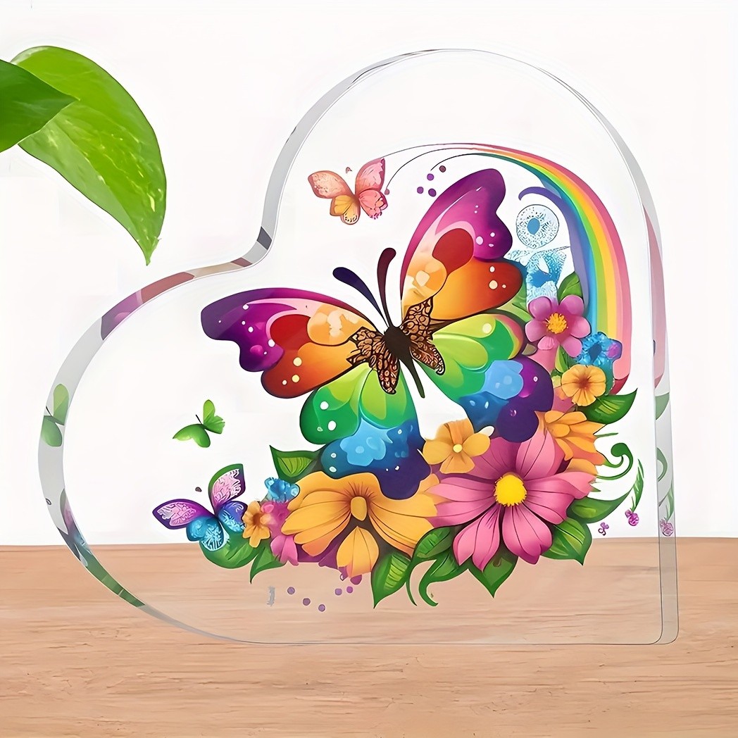 Rainbow Butterfly Heart Acrylic Plaque Whimsical Desktop Decoration Sign Gift