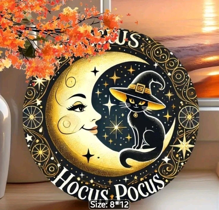 Hocus Pocus Black Cat Moon 8″ Round Metal Wall Art Sign Halloween Decor