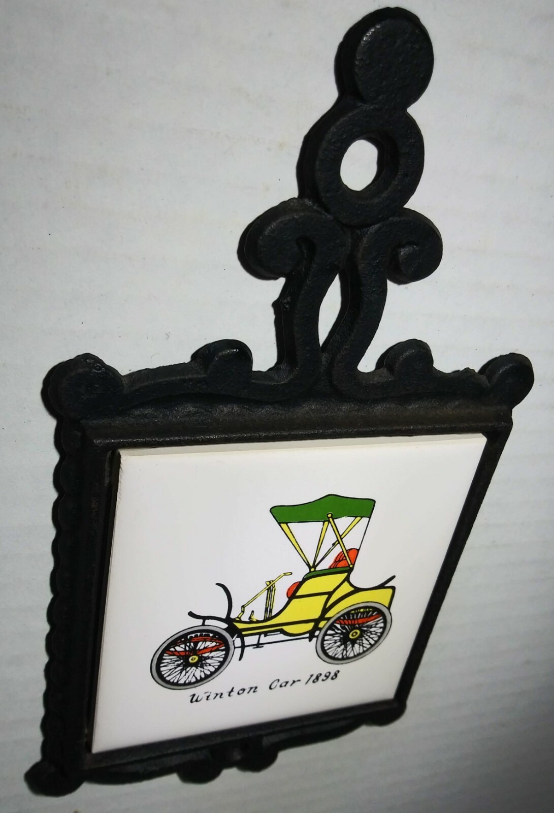 Vintage Made In Japan Set of 2 Cast Iron Tile Antique Cars Wall Hanging Trivets