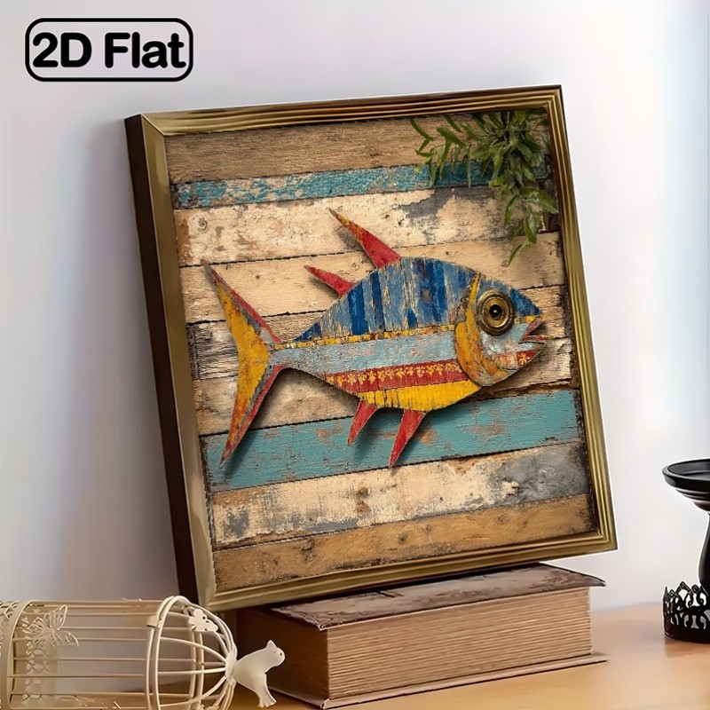 Folk art fish wooden plaque rustic coastal home decor beach theme