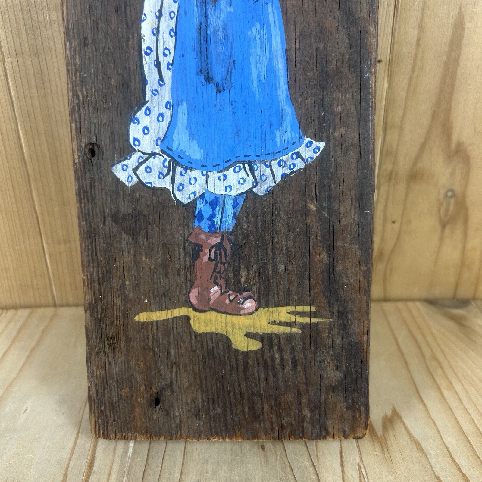 Vintage Barn Wood Art Hand Painted Girl With Teddy Bear 13×5 In