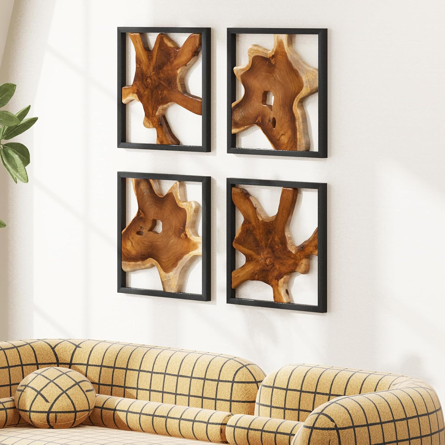 Rustic Live Edge Teak Wood Wall Art – 2 Pack with Black Frame, 17″x17