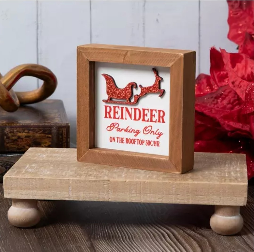 New! “Reindeer Parking Only” Christmas Wood Frame Sign Decor Tier Tray Glitter