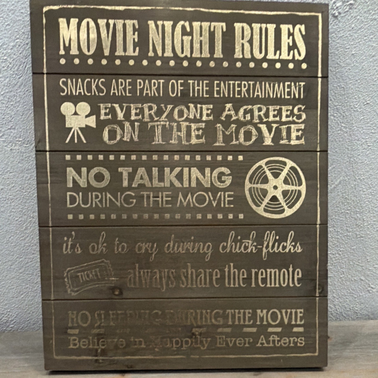 Hobby Lobby Movie Night Rules Wall Plaque Wood Rustic Decor Brown Beige Hanging