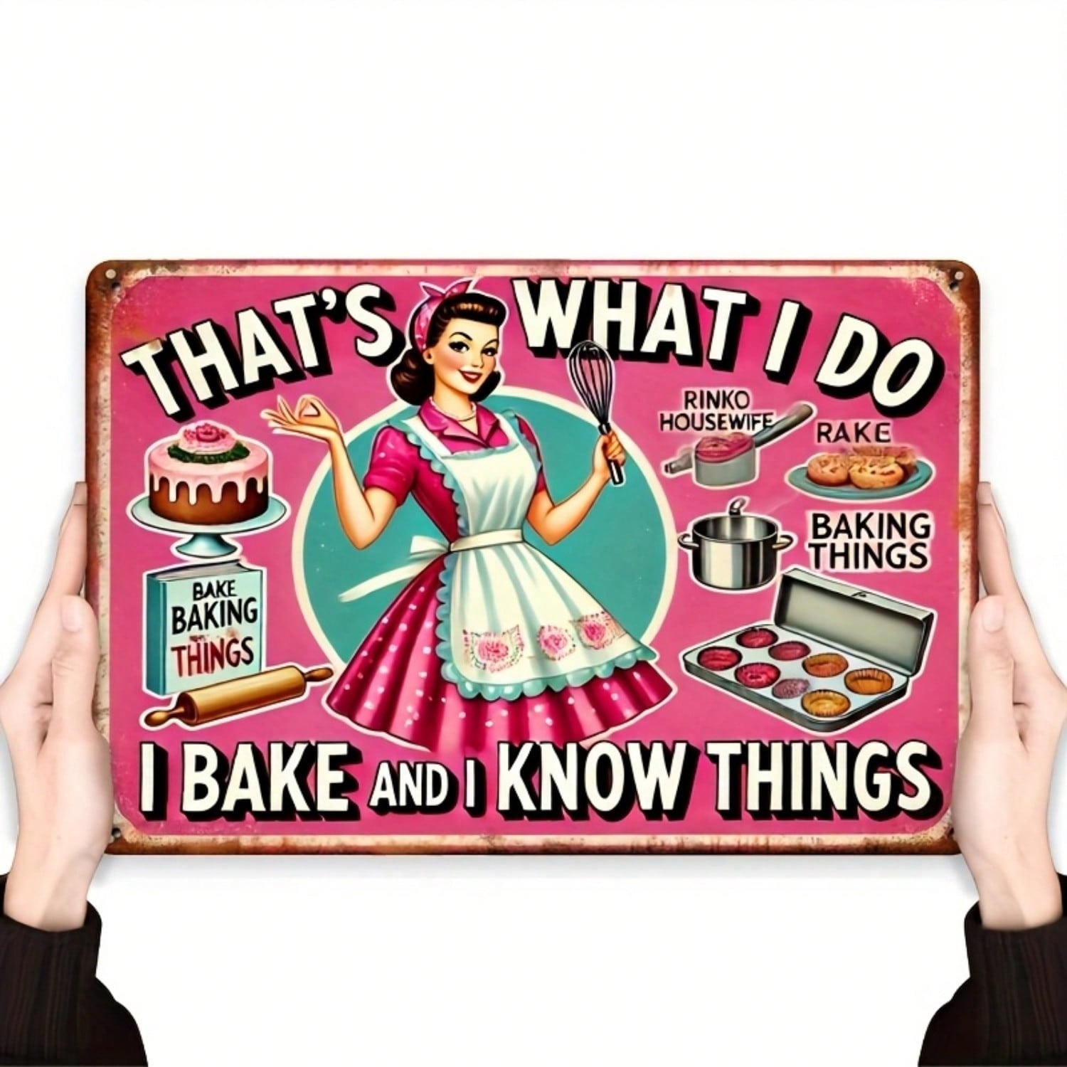 Retro Pink Baking Metal Tin Sign – Vintage 1950s Housewife Kitchen Metal Decor