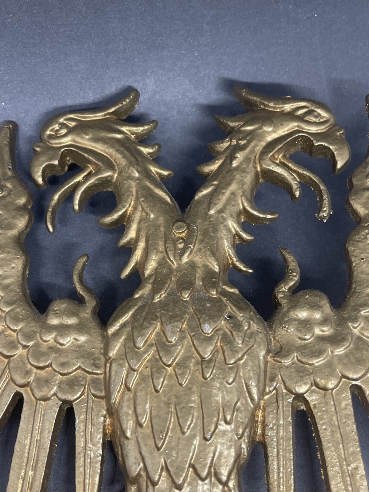 Vintage Double Headed Eagle Cast Metal Wall Decor Gold Gilded 13”