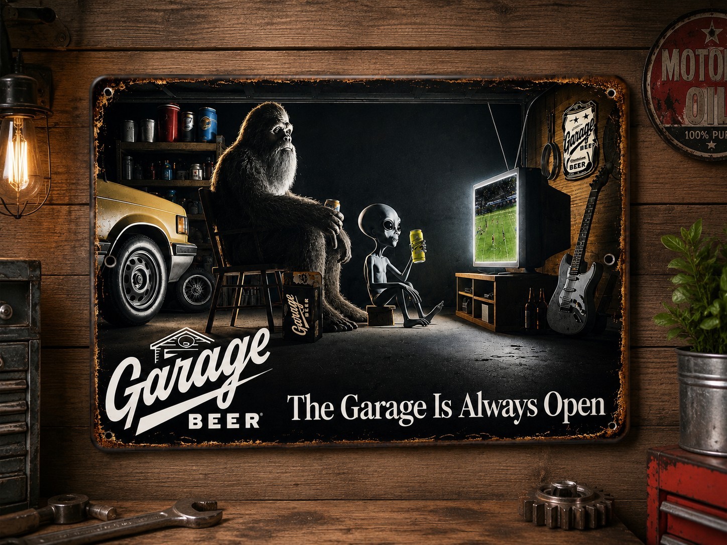 Garage Beer Bigfoot Tin Bar Sign Proudly Serving The Garage is AlwaysOpen 12 X 8