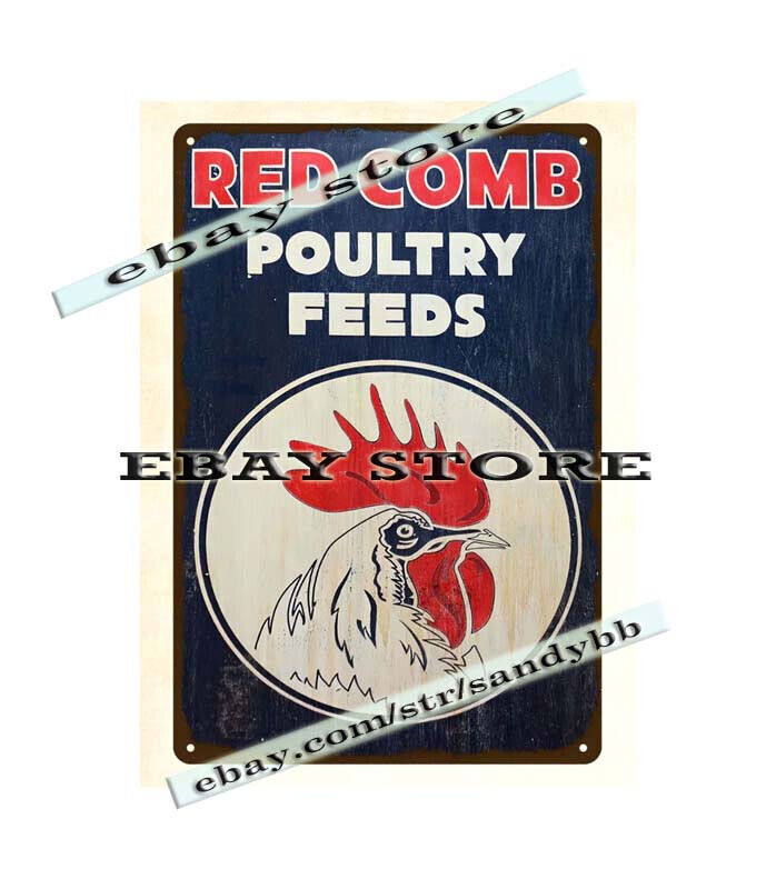 1950’S RED COMB POULTRY FEEDS CHICKEN FEED FARM metal tin sign country home