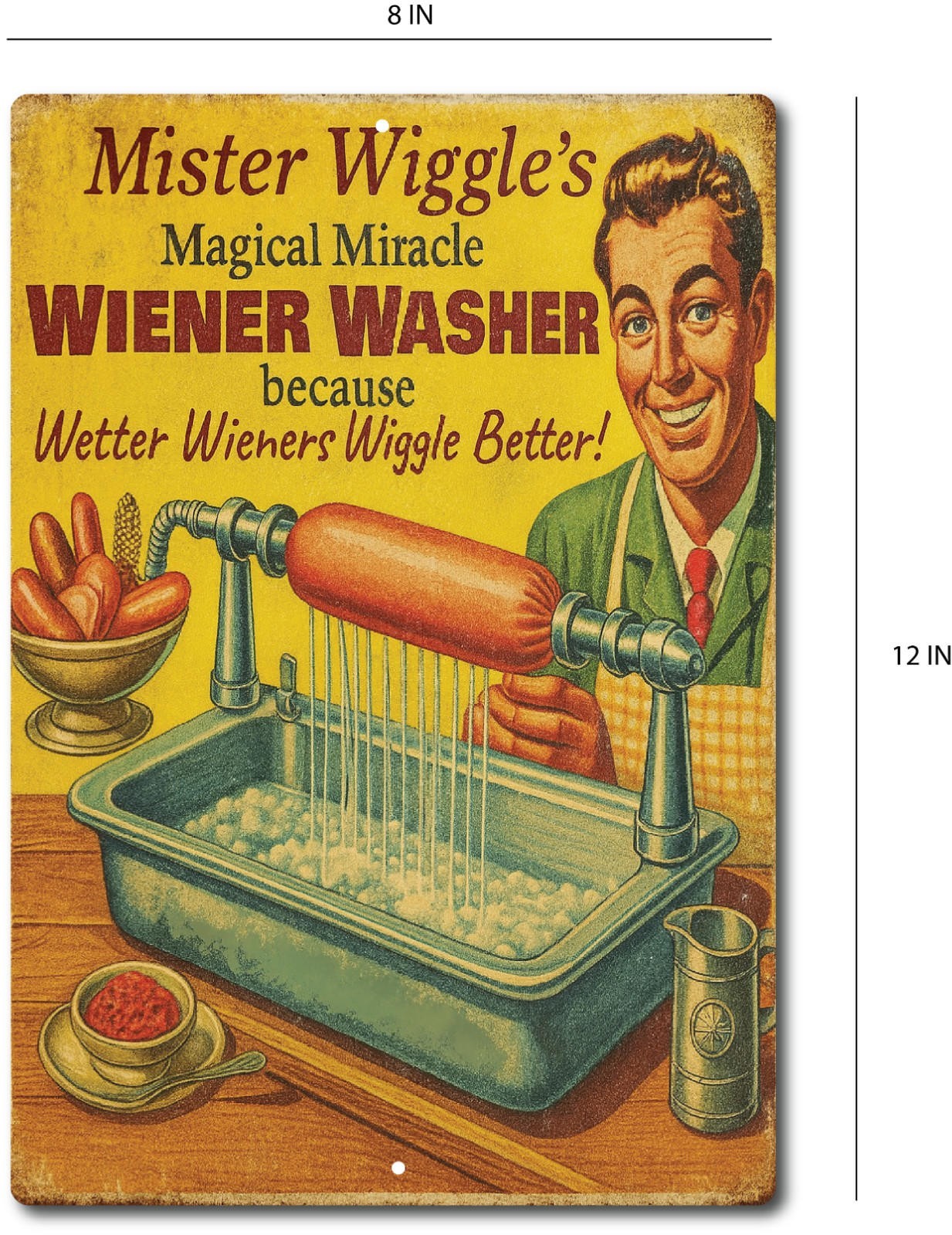 Funny Tin Sign Retro 1950s Mr Wiggle Magical Wiener Washer Wall Decor Man Cave