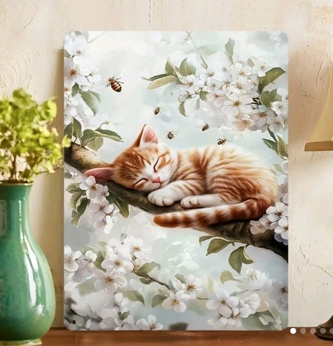 Sleeping Kitten Blossoms Bees Metal Wall Decor 8×12″ Retro Iron Indoor Art