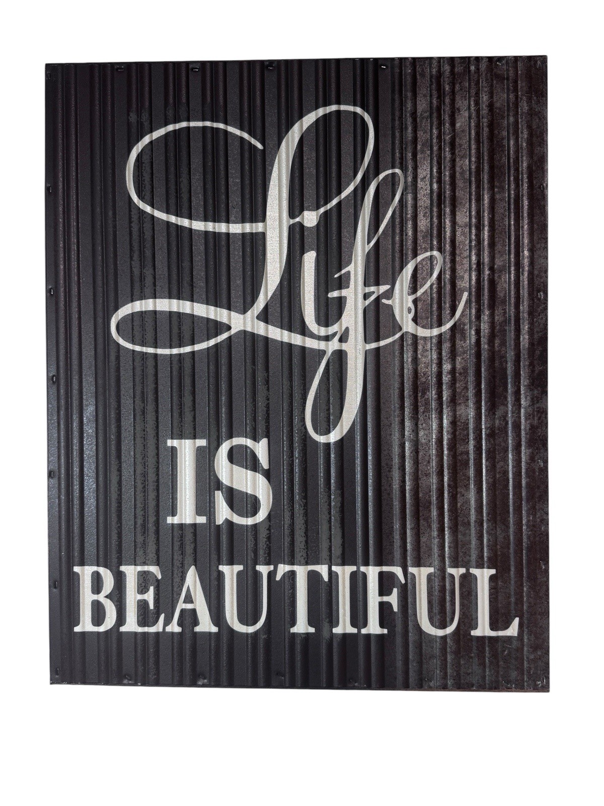 Life Is Beautiful Medium Size Tin And Wood Wall Hanging Rustic 20 in By 15.5 in