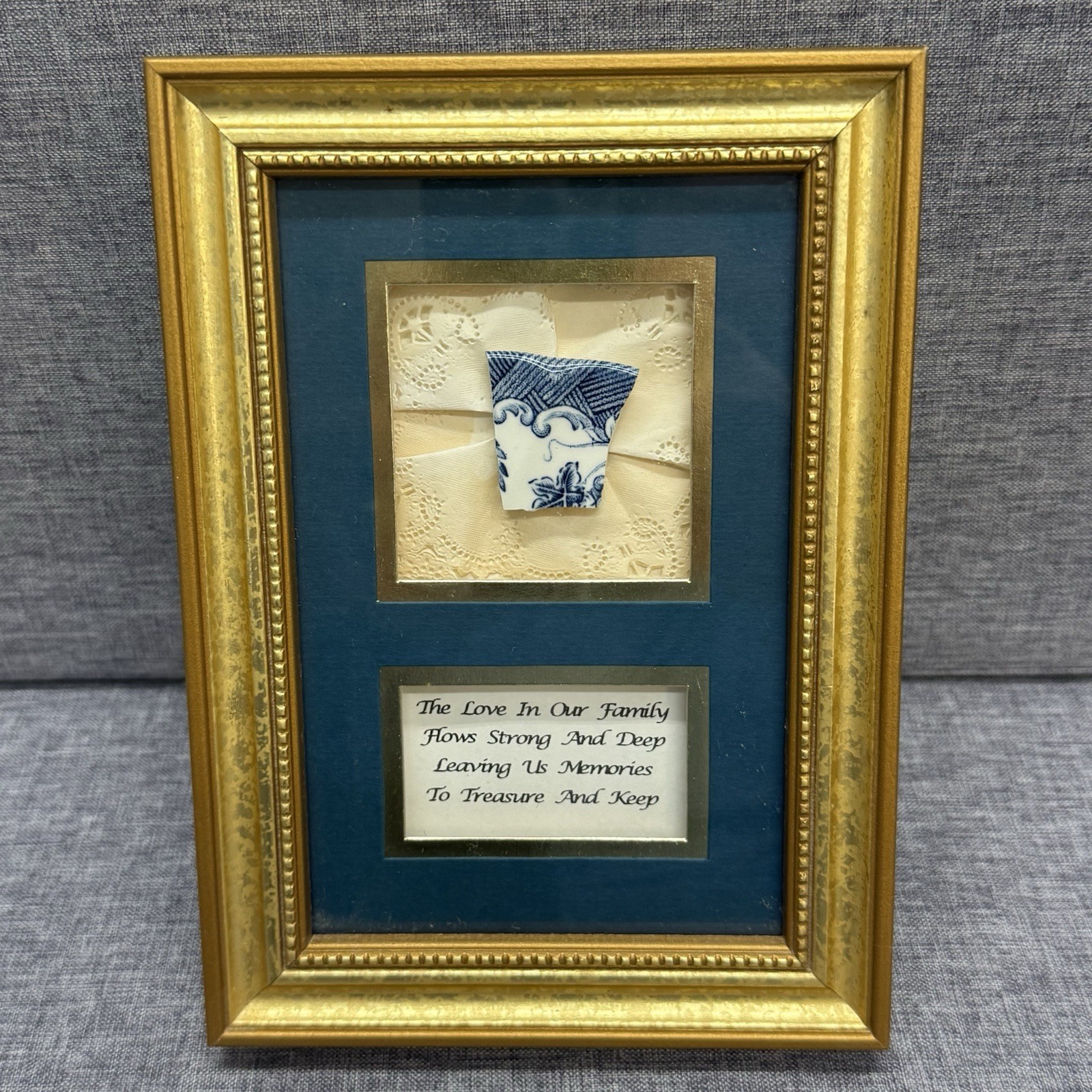 Vintage 1997 Framed Blue & White Ceramic China Piece “The Love In Our Family”