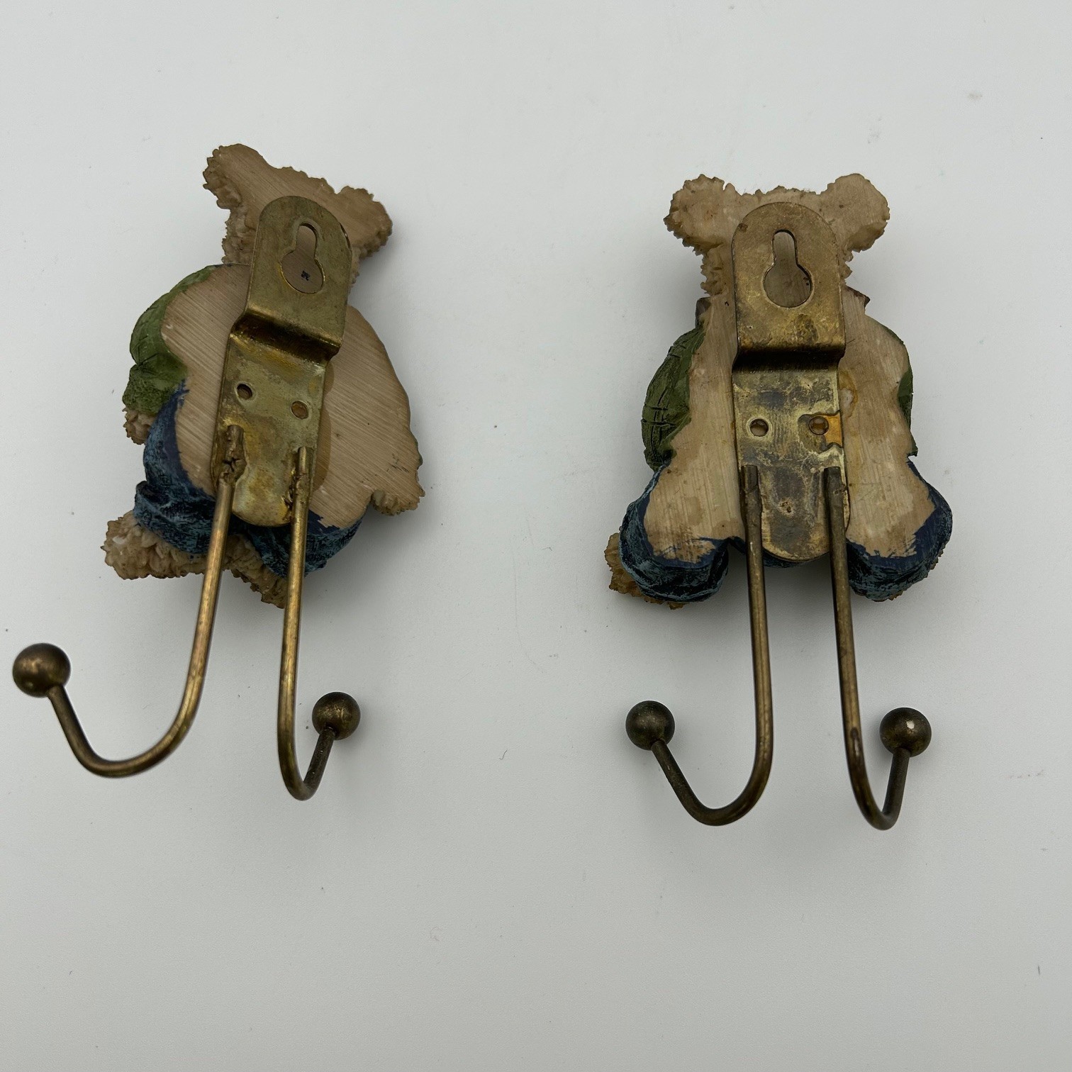 Teddy Bears in Denim Wall Hooks Key Holders Set of 2 Resin Decor Cottage Core