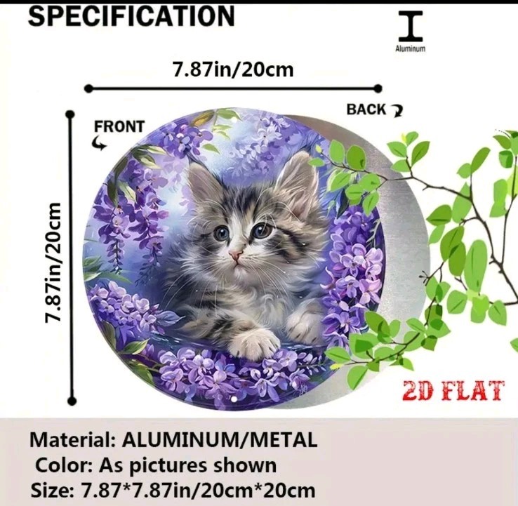 Adorable Tabby Kitten Lilac Flowers Metal Wall Art Round Aluminum Plaque Decor