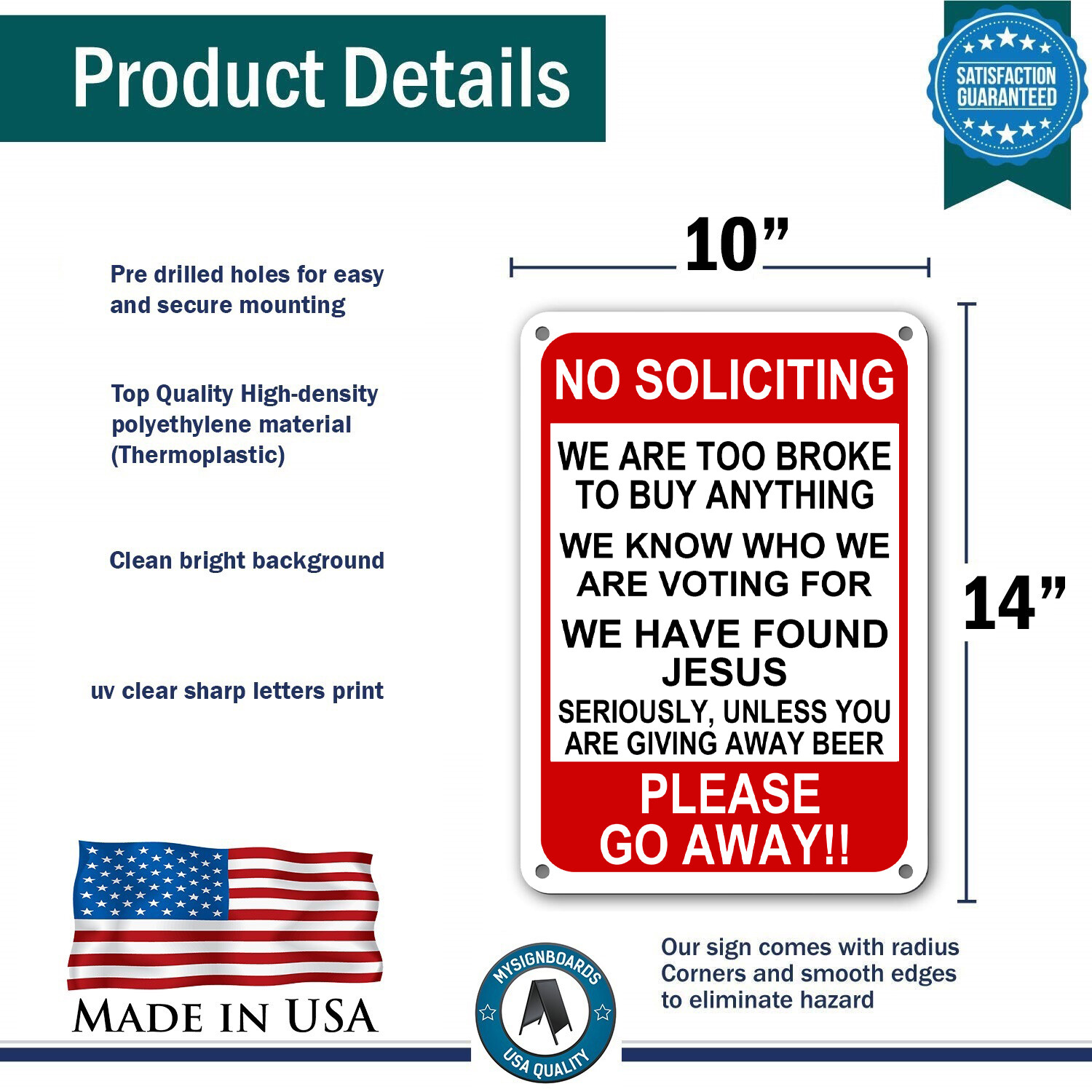 No Soliciting Funny Sign Go Away Front Door Novelty Humor Gift Signs 10″x 14″