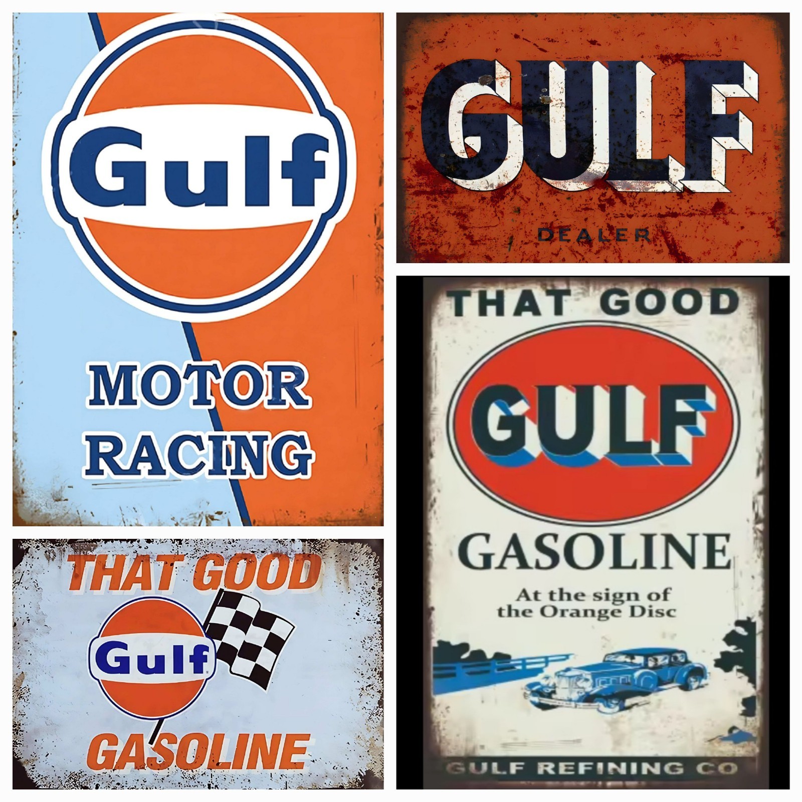 That Good Gulf Racing Gas Oil Sign Lot Of 4 Station Garage Auto Shop Tin Sign