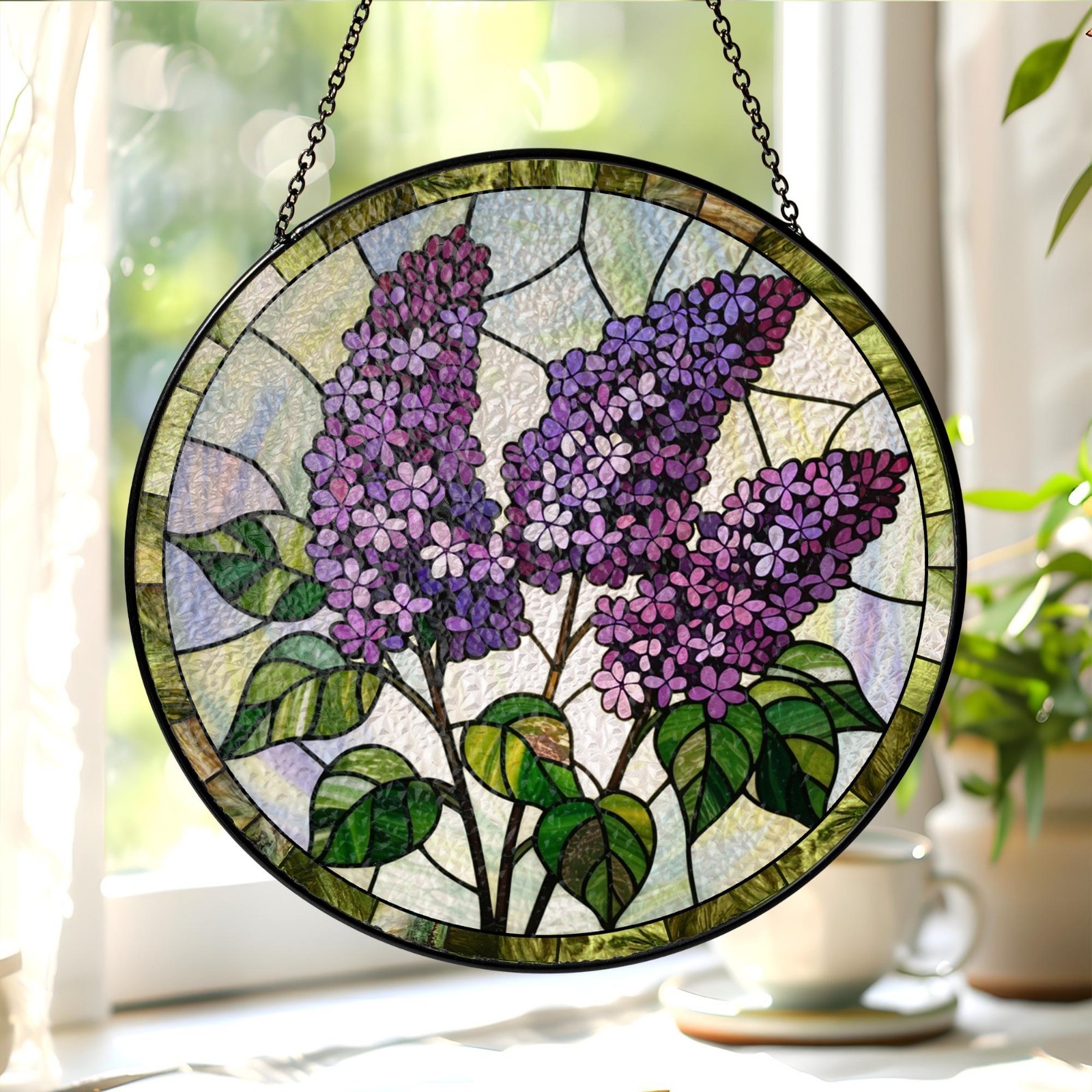Purple Lilac Stained Glass Suncatcher: Floral Window Hanging