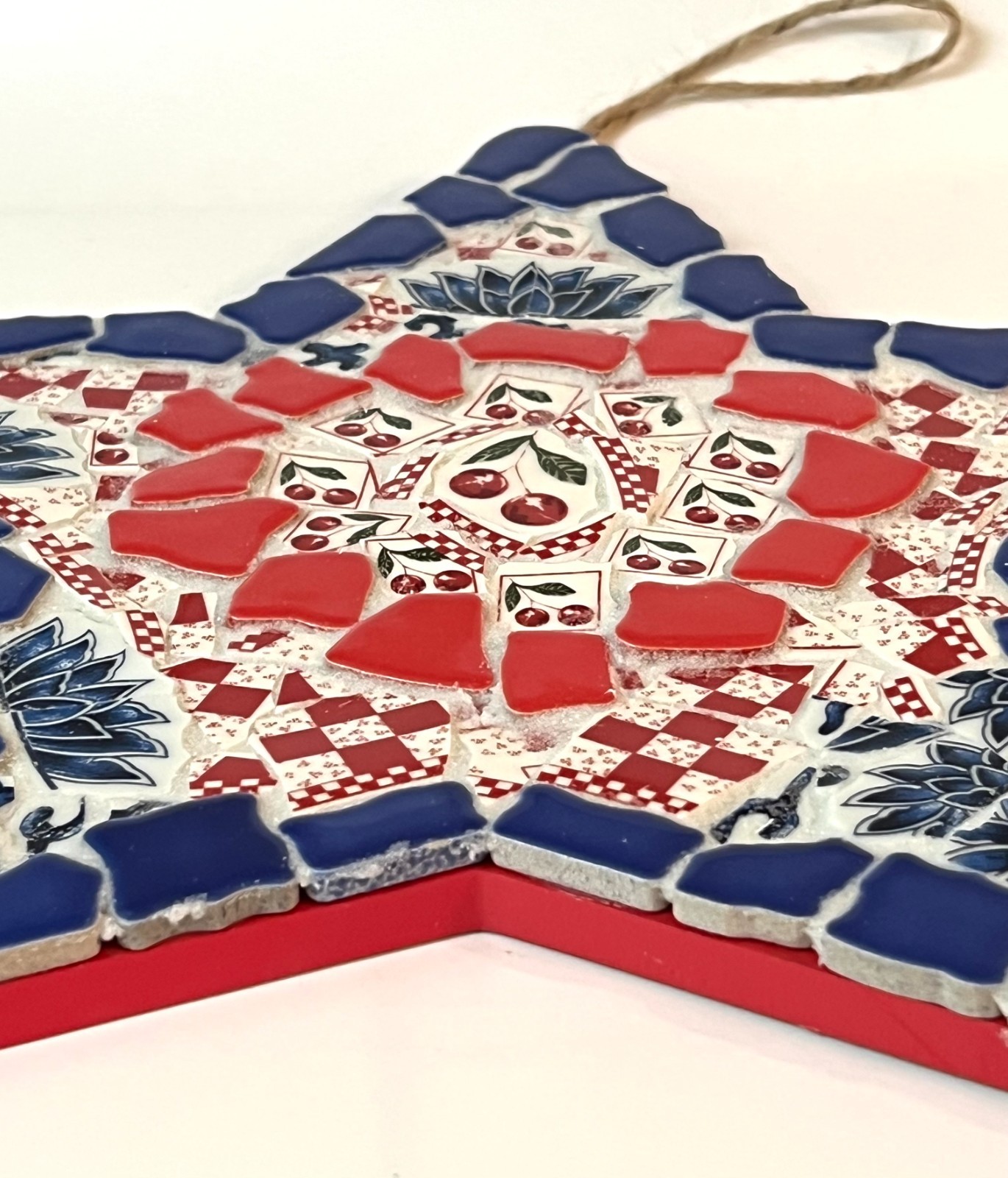 Handmade Mosaic Glass & Broken China Patriotic Red White Blue Star Wall Decor