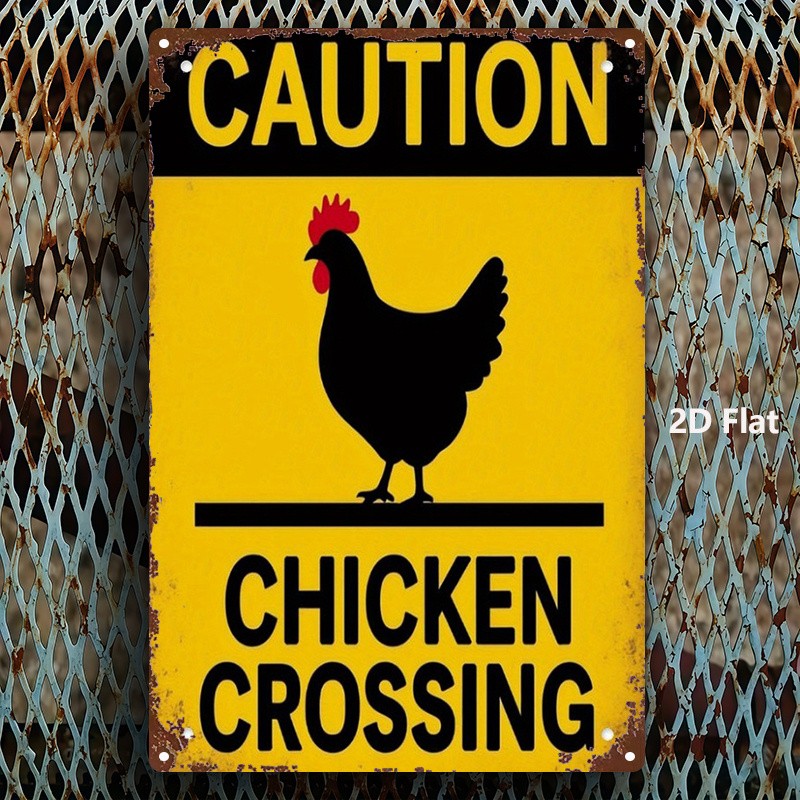 Metal Sign Yellow Black Rooster Warning Chicken Crossing
