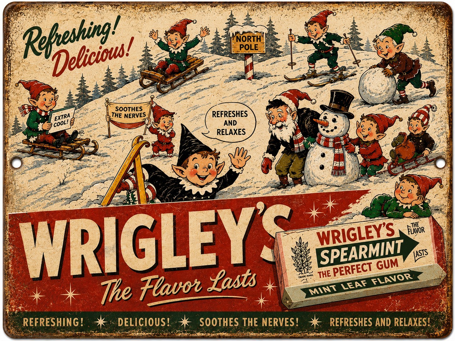 Vintage Look Wrigley’s Spearmint Gum Sign Retro Christmas Advertising Wall Deco