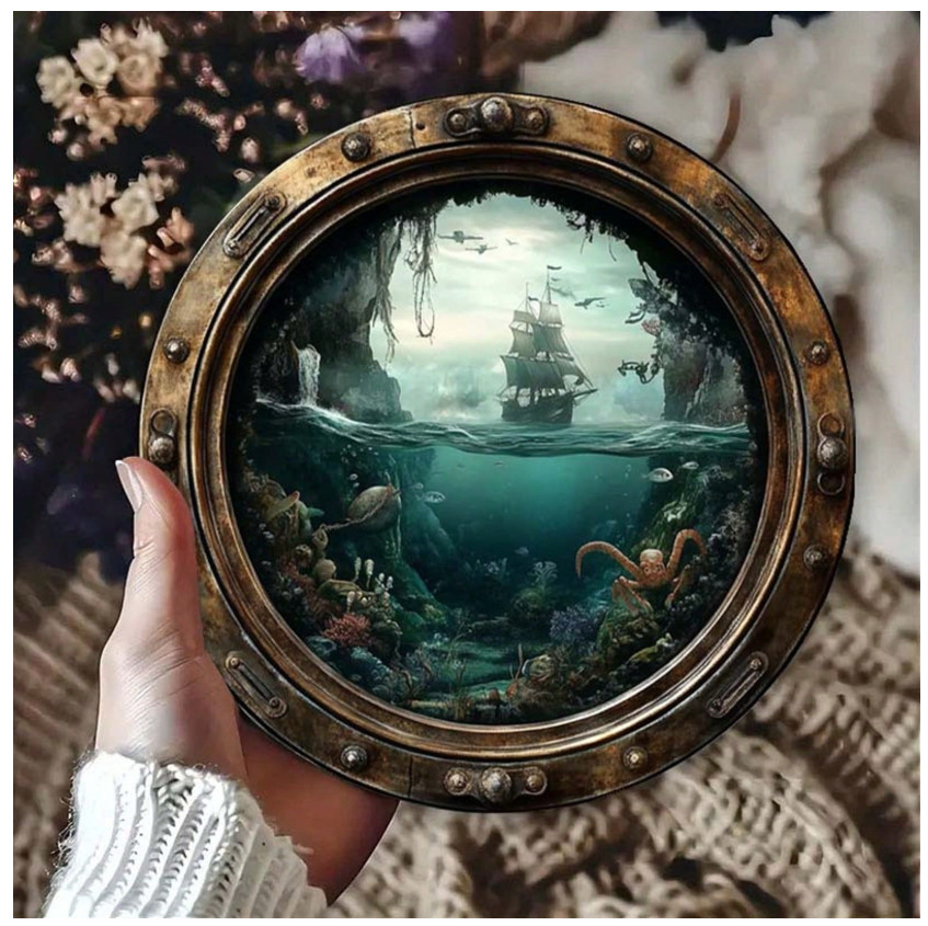 Nautical Ship Porthole Wall Art, Ocean Theme Round Metal Sign, Rust & Waterproo