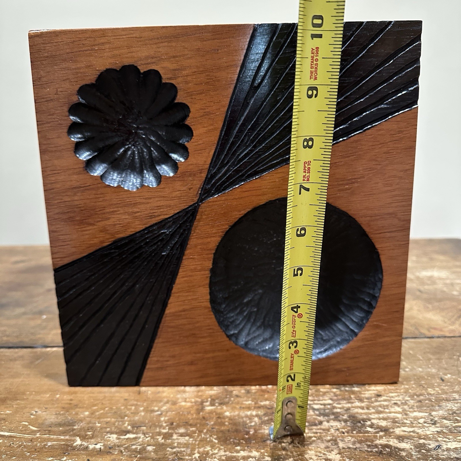 MCM Wood Wall Art Panel Geometric Carved Abstract Design Shelf Decor Signed