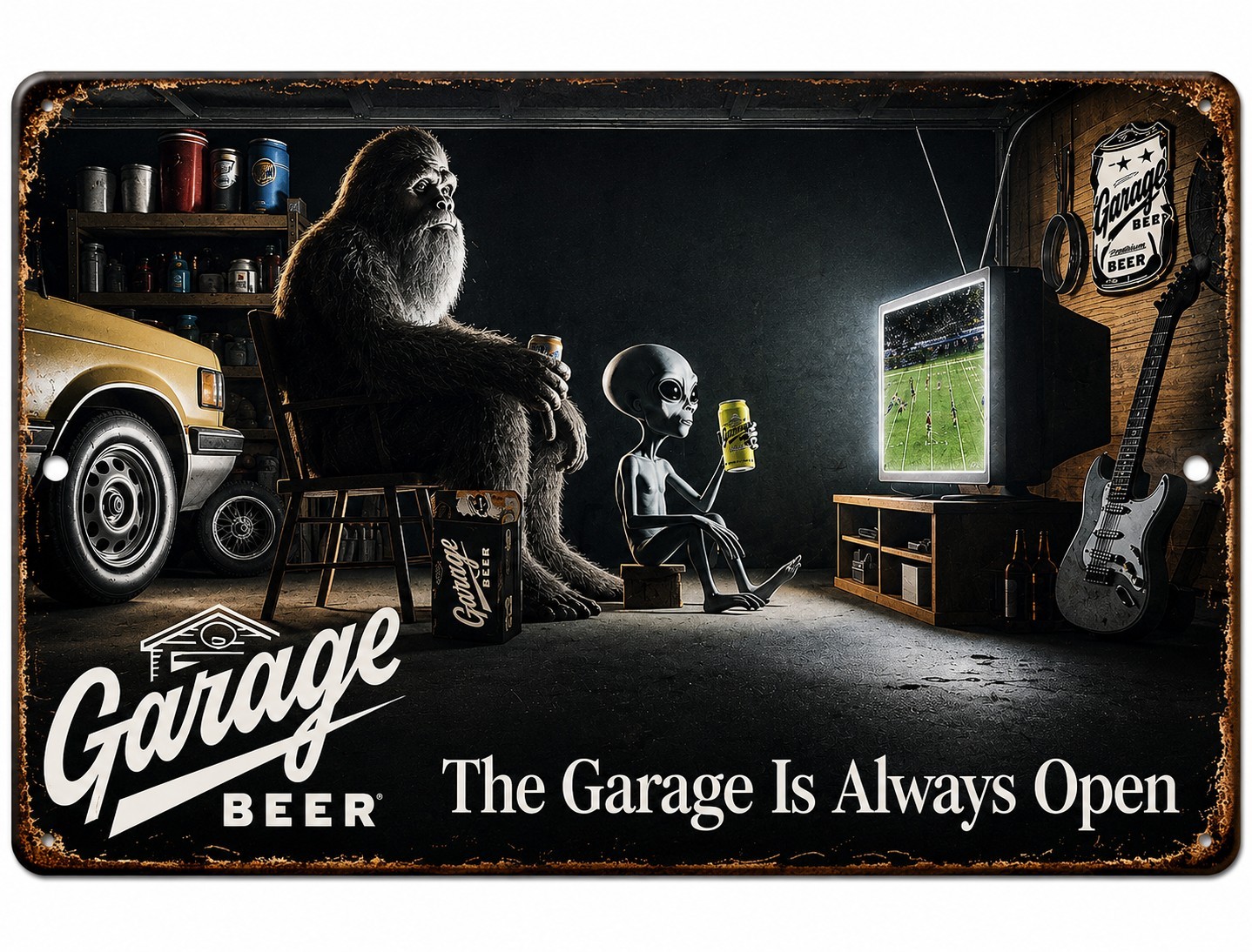 Garage Beer Bigfoot Tin Bar Sign Proudly Serving The Garage is AlwaysOpen 12 X 8
